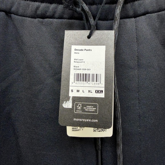 Mons Royale Decade Pants Mens 2XL Black Joggers Merino Wool Blend Thermal - Picture 2 of 9